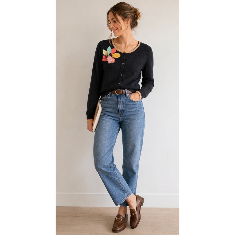 Susan Bristol Black Floral Embroidered Cardigan Sweater Womens Large Fall